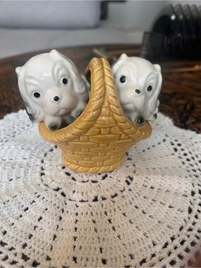 Vintage Cute Puppies in basket salt and pepper shakers - Japan